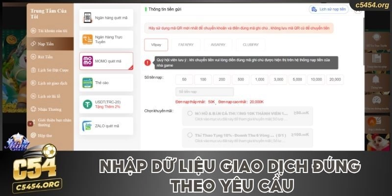 Nhập dữ liệu giao dịch đúng theo yêu cầu